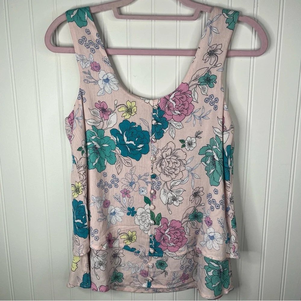 Willow Root Pink Floral Button Front Peplum Tank Scoop Neck Sleeveless Boho Top - Picture 2 of 4